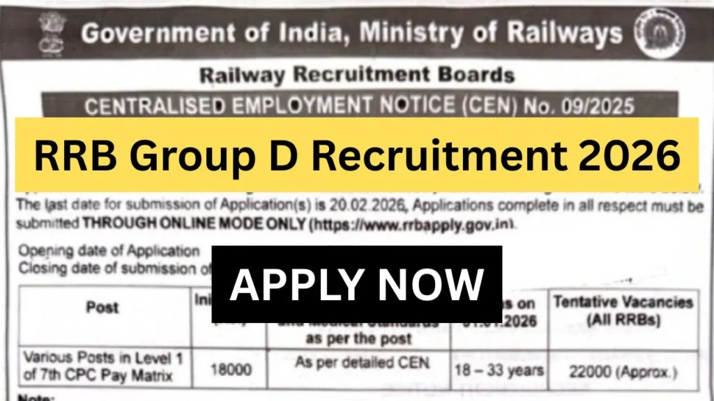 RRB Group D Recruitment 2026 > 22000 Vacancies, Exam Stages and Online Application Window